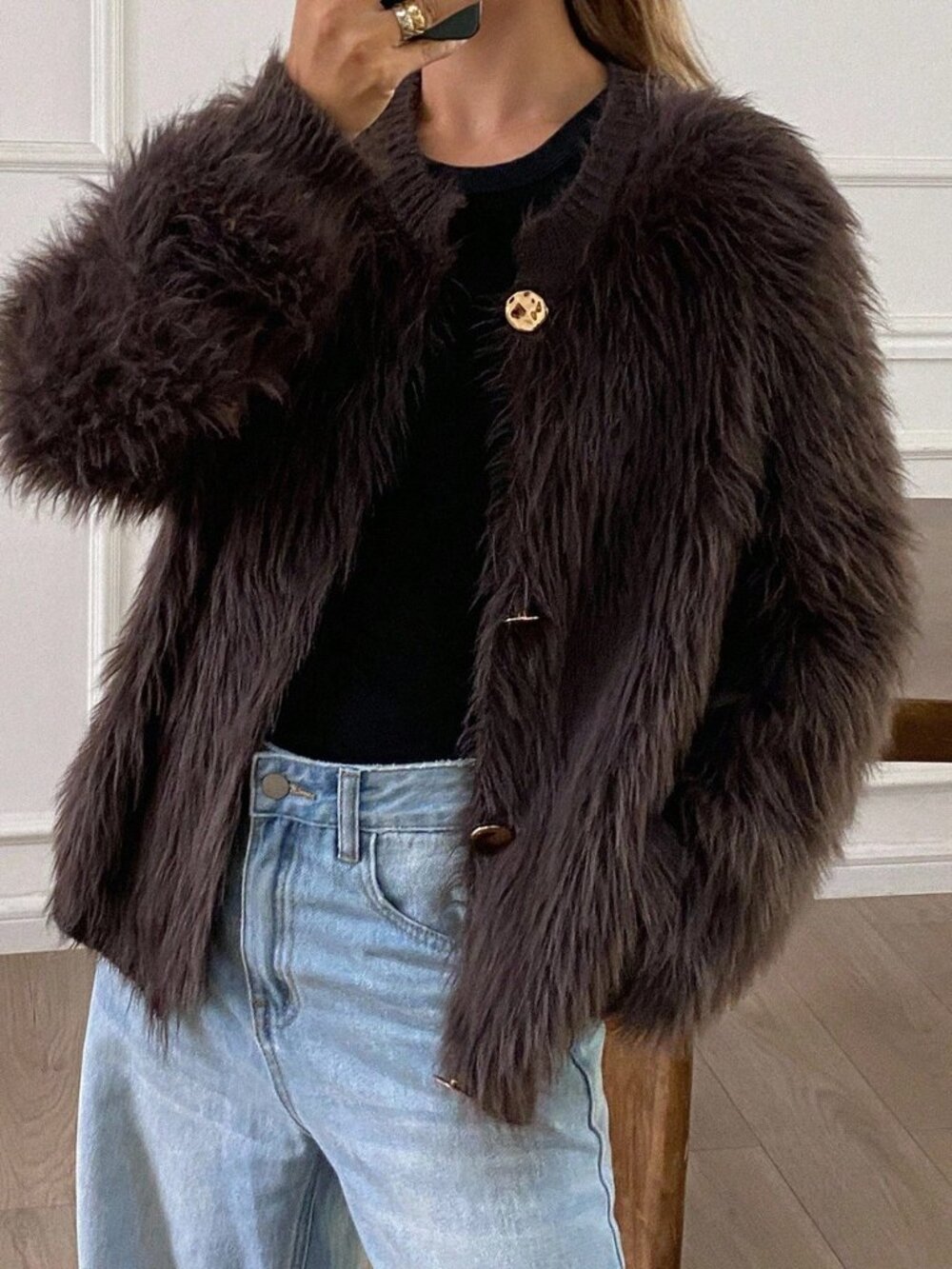 Coffee Brown Casual Women's Loose Fuzzy Cardigan Sweater